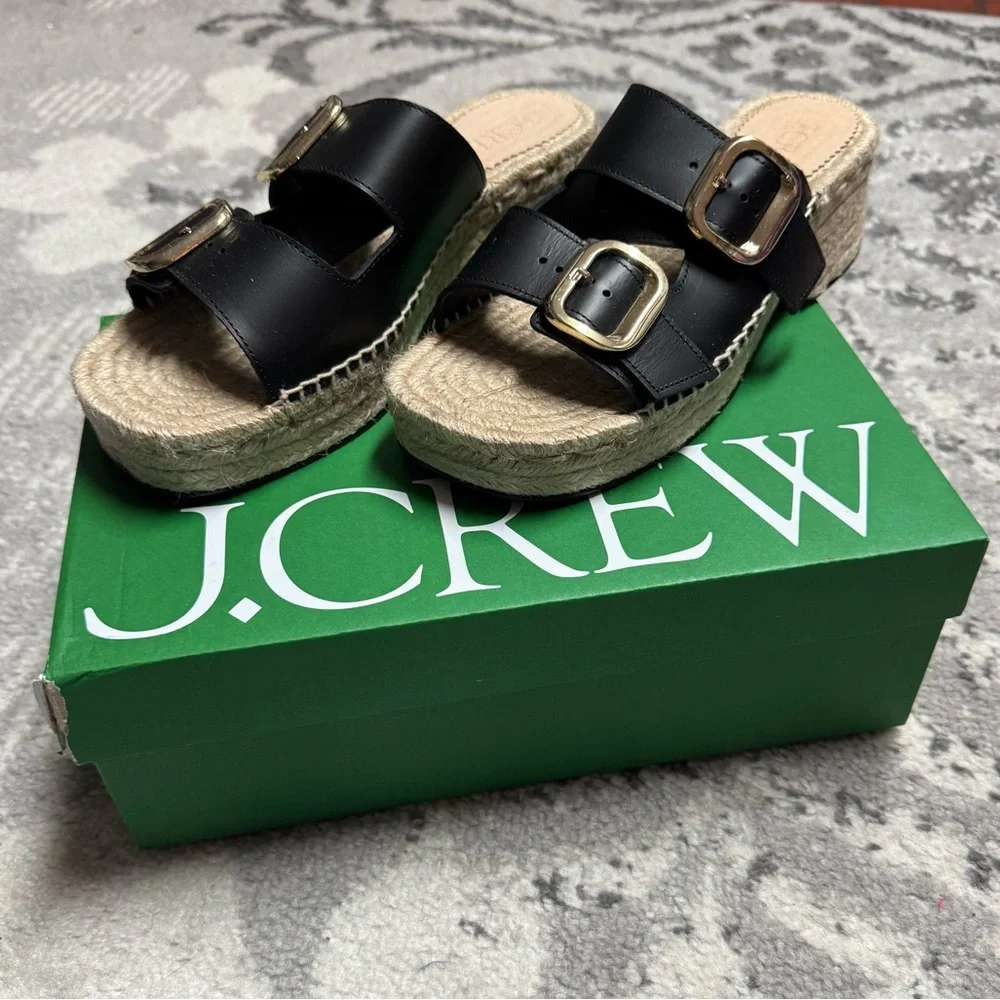J. Crew Made in Spain Black Leather Gold Buckle Block Heel Espadrilles